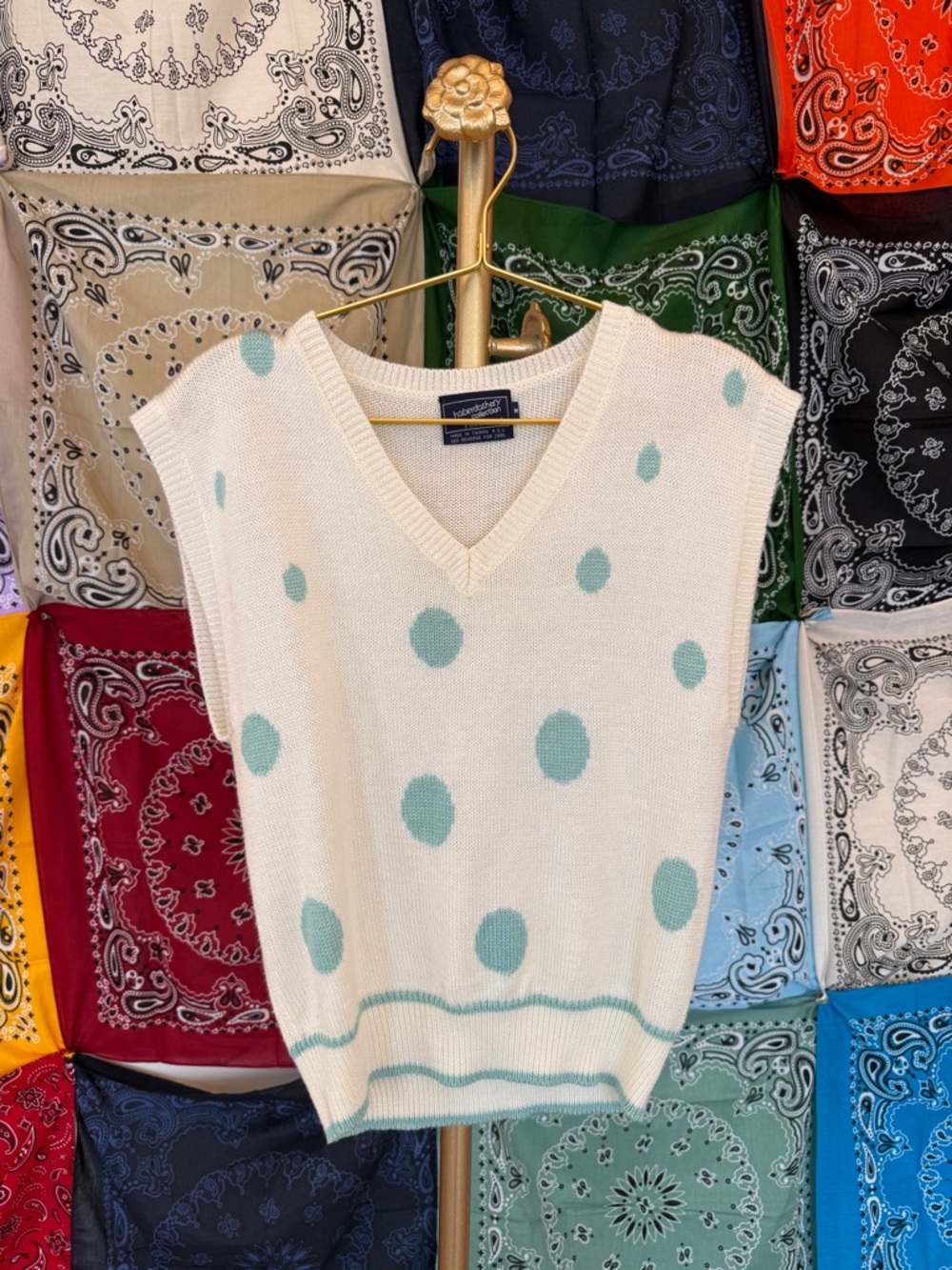 Vintage Haberdashery‎ Cream V-Neck Sweater Vest with Mint Polka Dots